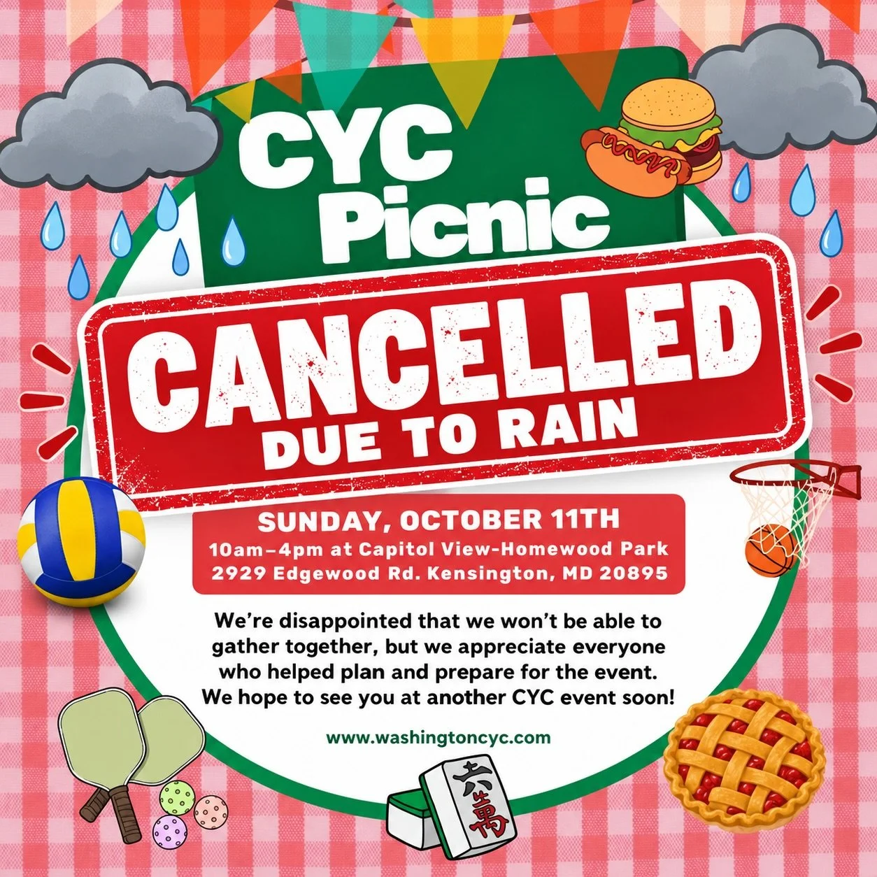 🌧️ CYC PICNIC CANCELLED 🌧️
Due to the forecasted rain, we have made the decision to cancel the CYC Picnic scheduled for Sunday, October 11.
We&rsquo;re disappointed that we won&rsquo;t be able to gather together, but we appreciate everyone who help