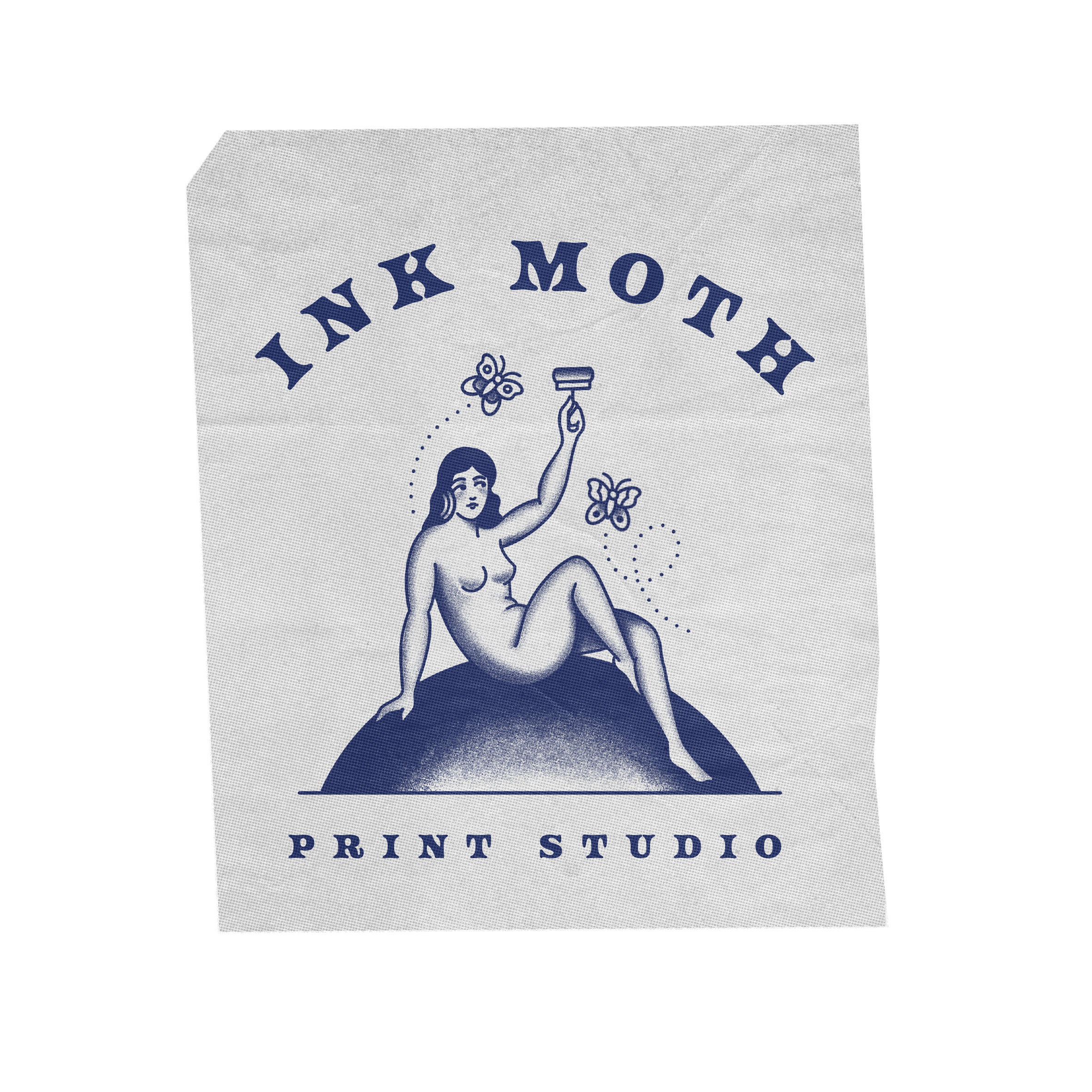 Logo for Ink Home Print Studio featuring a nude woman with butterfly details, sitting on a small hill, holding a roller, with the text "INK MOTH" above and "PRINT STUDIO" below.