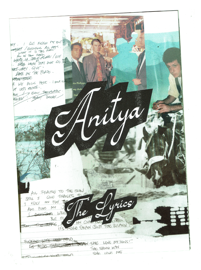 Cover of 'Anitya: The Lyrics' album, featuring photos of young men, handwritten notes, and artistic graphics.
