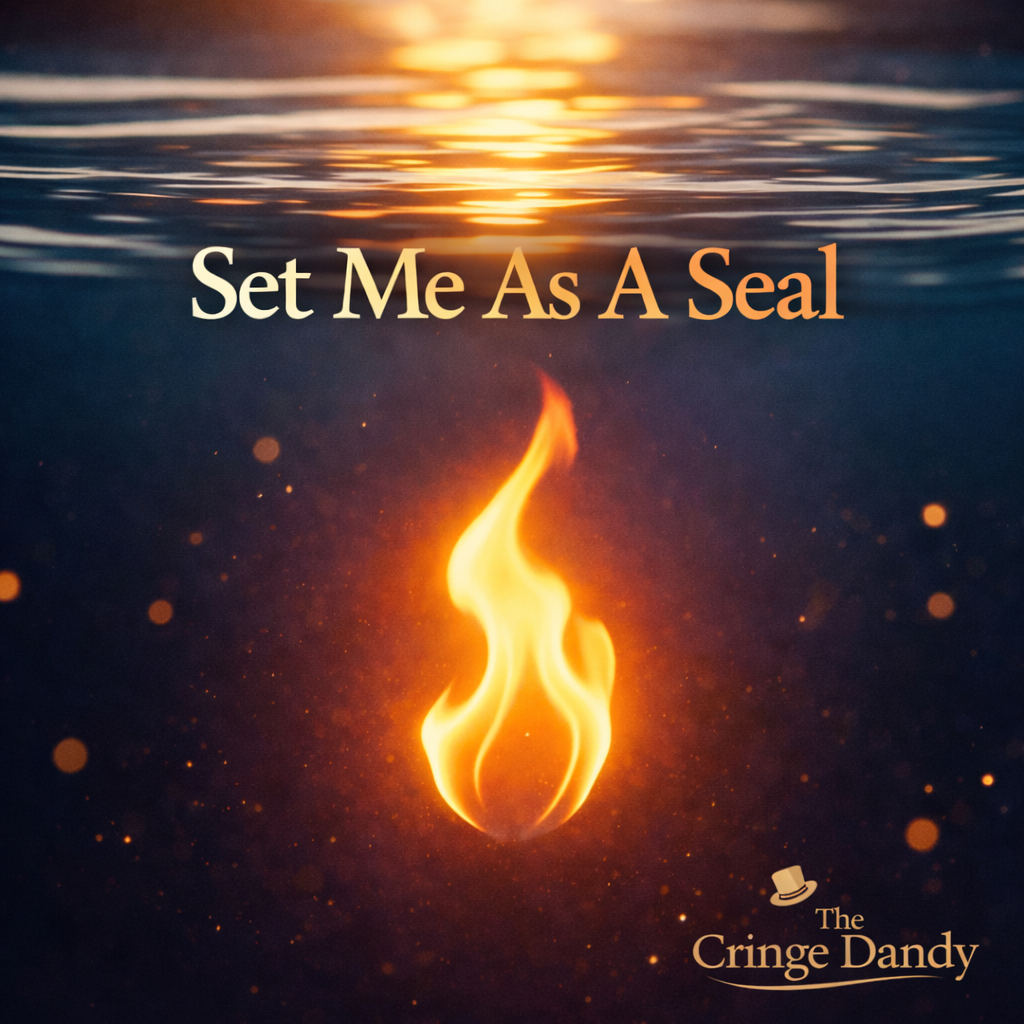 A fiery flame floating in water with a sunset in the background, and text that reads "Set Me As A Seal" along with a hat icon and the words "The Cringe Dandy".