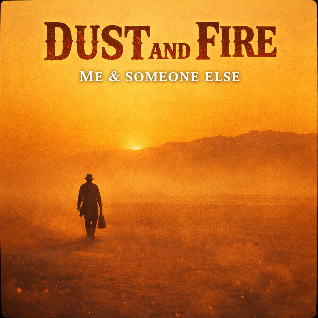 An illustration of a person walking through a dusty landscape with a sunset or sunrise in the background, with the words 'Dust and Fire' in large letters and 'Me & Someone Else' underneath.