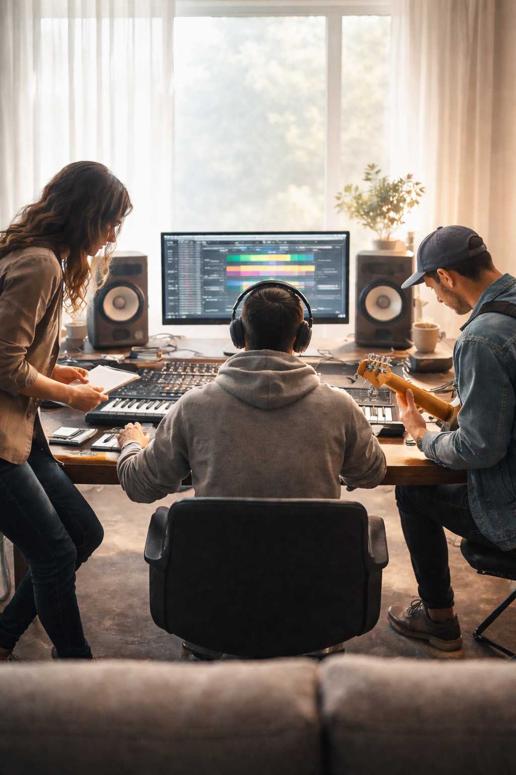 Three people working in a music studio with computer, midi keyboard, studio monitors, and a guitar.