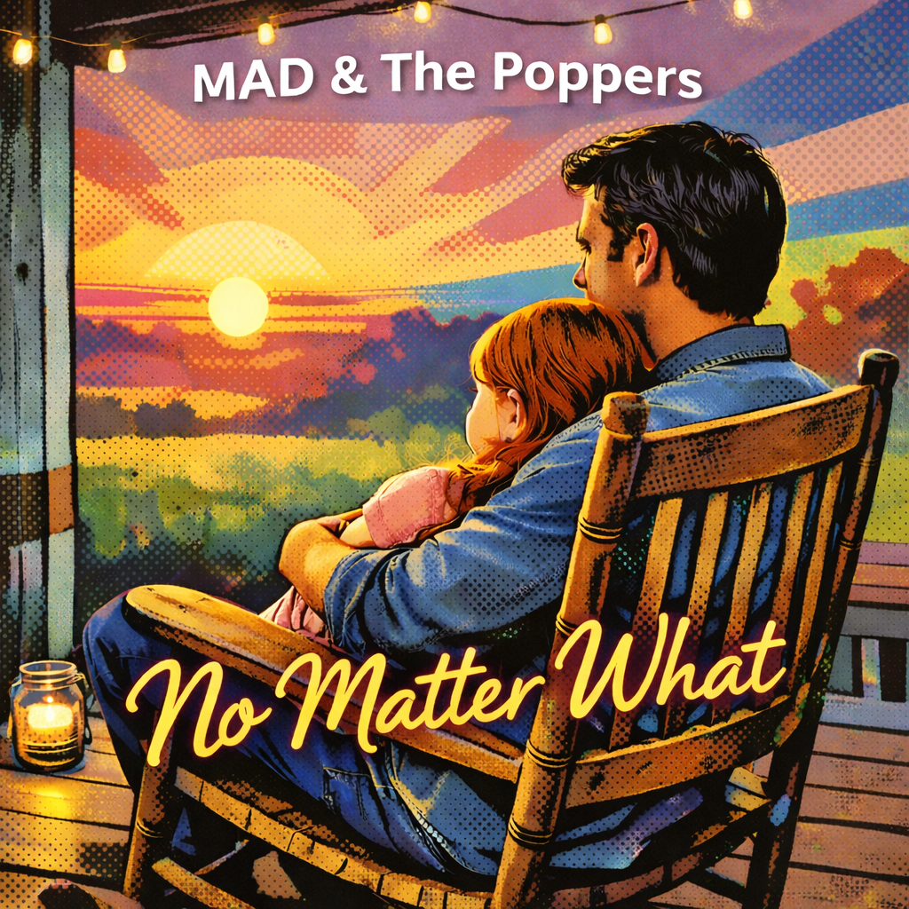 A man and a young girl sitting together on a porch, watching a sunset, with the words "No Matter What" written across the bottom. The scene has a warm, nostalgic feel.