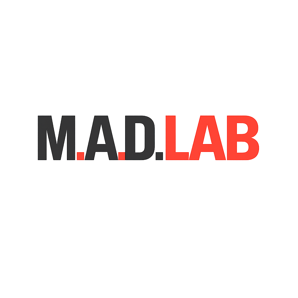 3D text reading 'M.A.D. LAB' with black and red letters, connected by a glowing purple and red line or beam.