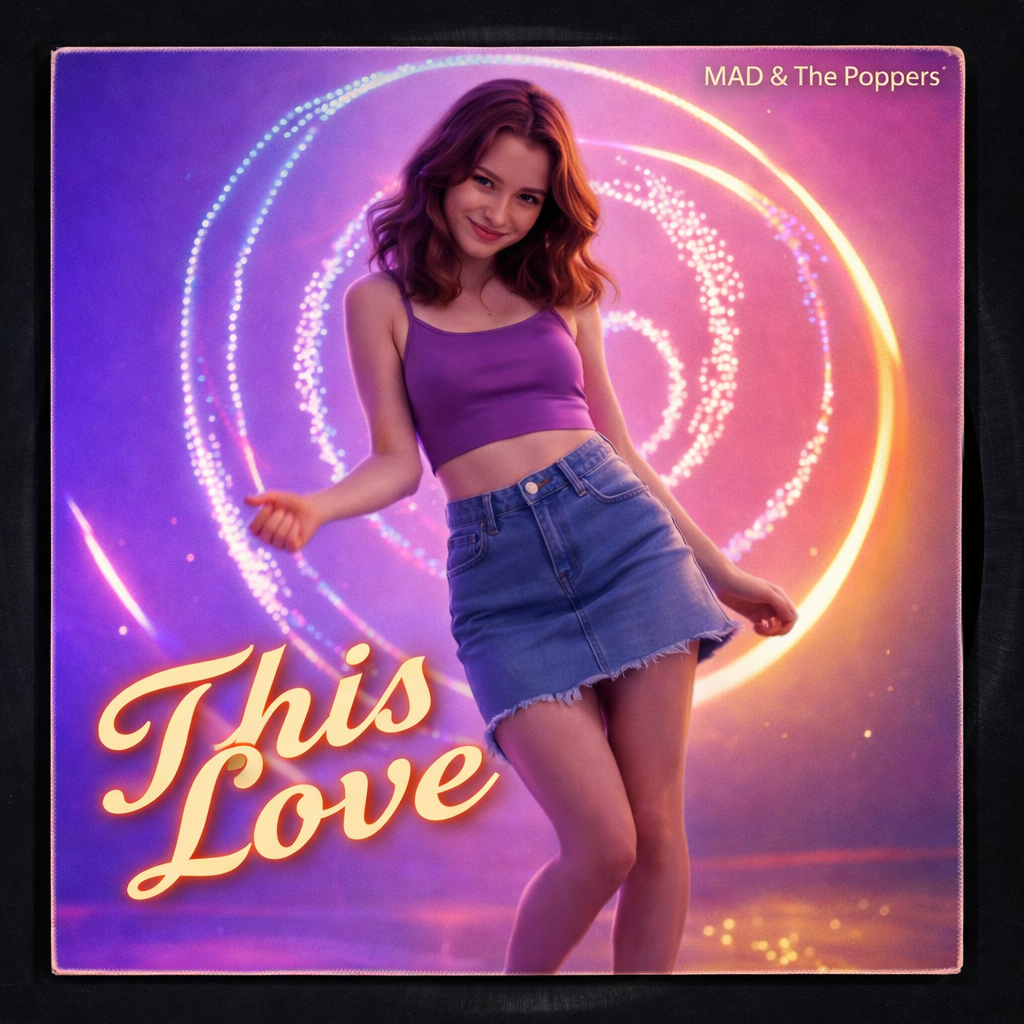 A movie poster for 'This Love' featuring a young woman with wavy red hair wearing a purple tank top and a denim skirt, standing in front of a colorful glowing heart-shaped light pattern background with the text 'MAD & The Poppers' in the top right corner.