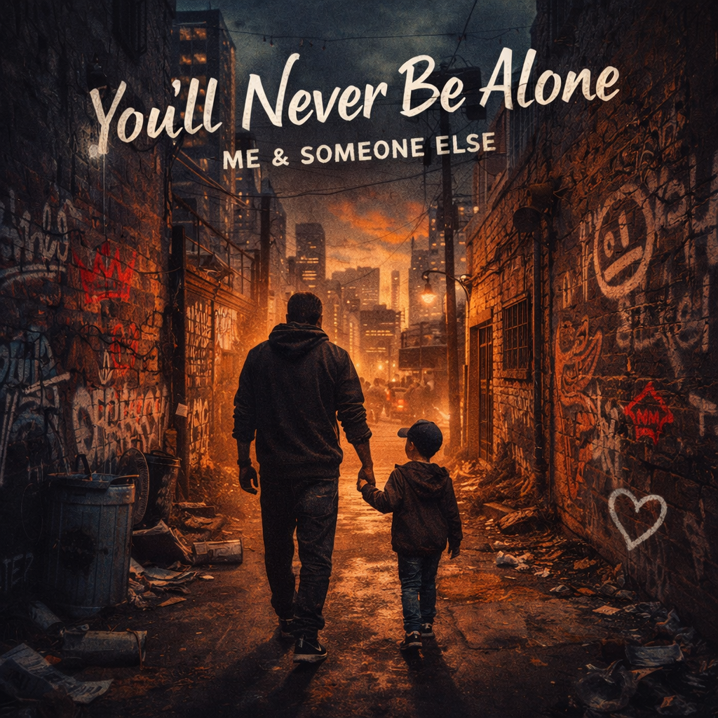 A person and a child walking hand in hand through a graffiti-covered alleyway at sunset, with tall city buildings in the background and the phrase 'You'll Never Be Alone, Me & Someone Else' written across the sky.