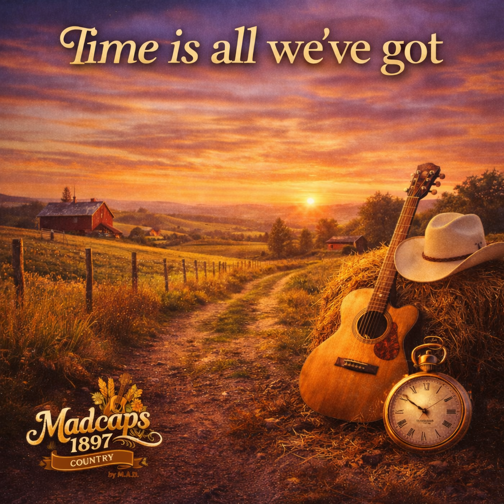 Sunset over a rural landscape with a dirt path, a red barn, and trees. In the foreground, there is a guitar, a cowboy hat, a pocket watch, and a bundle of hay. The text reads, "Time is all we've got," and the logo says "Madcaps 1897 Country."