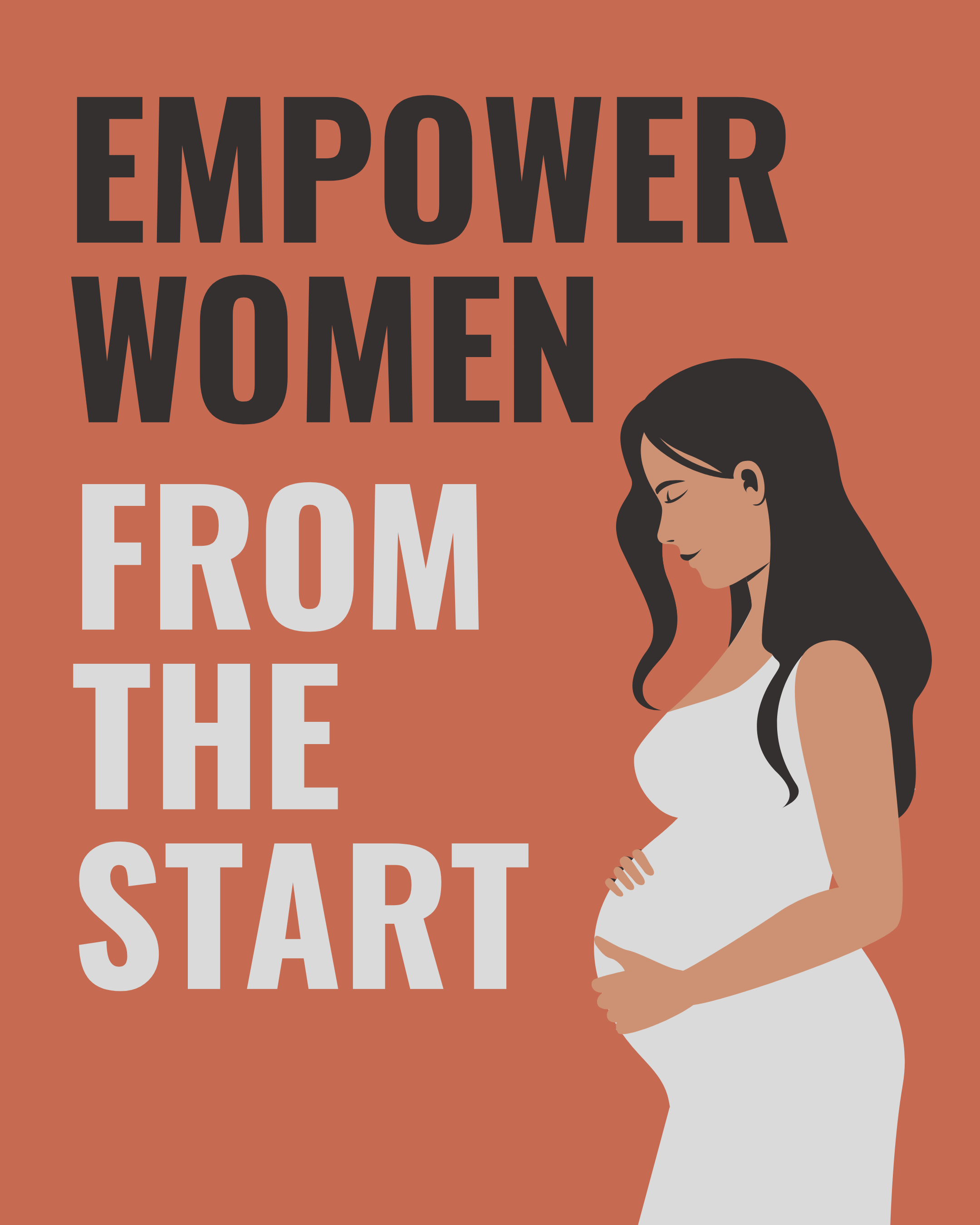 Poster with text 'Empower Women From the Start' and an illustration of a pregnant woman with long black hair wearing a white dress.