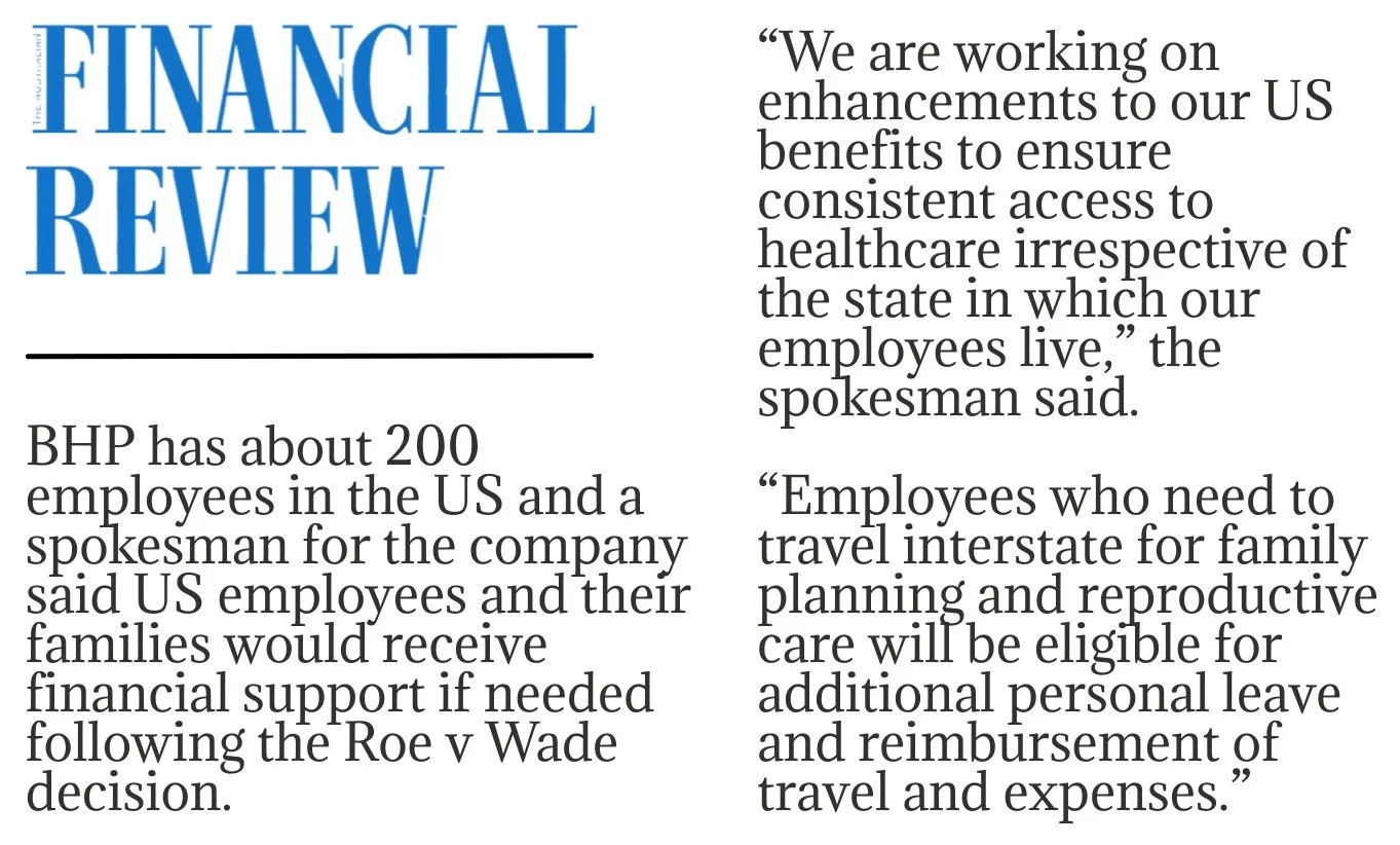 A newspaper page titled 'Financial Review' with a quote about employee benefits and healthcare. The text mentions BHP, a company with about 200 employees in the U.S., discussing financial support and travel-related leave reimbursement following the Roe v. Wade decision.