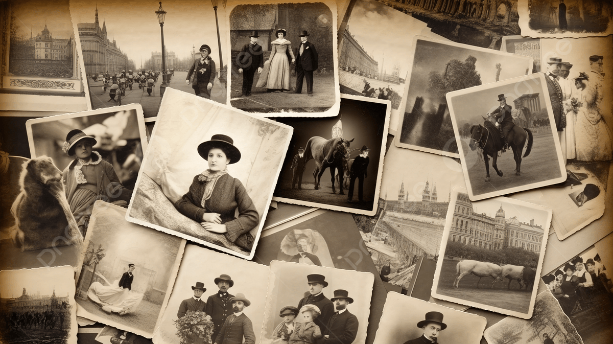 Collection of black-and-white vintage photographs featuring people, horses, and cityscapes, arranged in an overlapping collage.