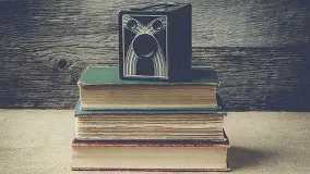 Stack of four hardcover books on a wooden surface with a black box featuring a white line drawing of a rabbit or hare placed on top of the books.