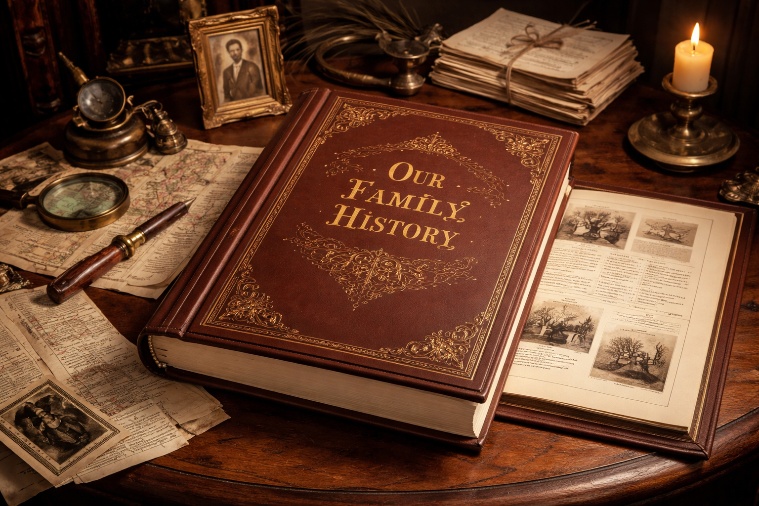 An open book titled "Our Family History" surrounded by old photographs, handwritten documents, a magnifying glass, an antique pen, a clock, and a lit candle on a wooden desk.
