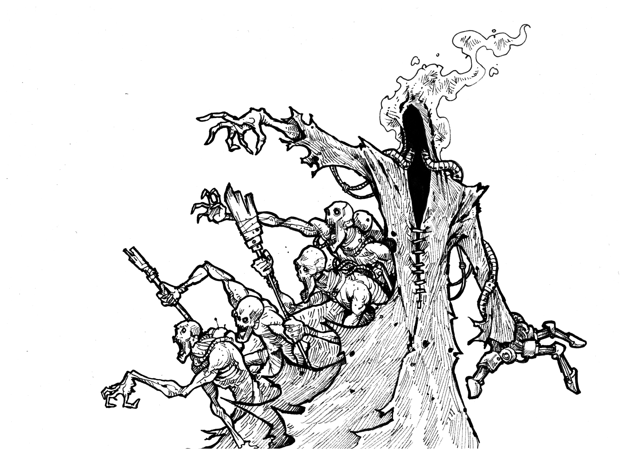 A black and white drawing of Charon with monstrous, humanoid figures with skeletal features and elongated limbs climbing on it, some holding weapons, with a dark, smoky face at the top.
