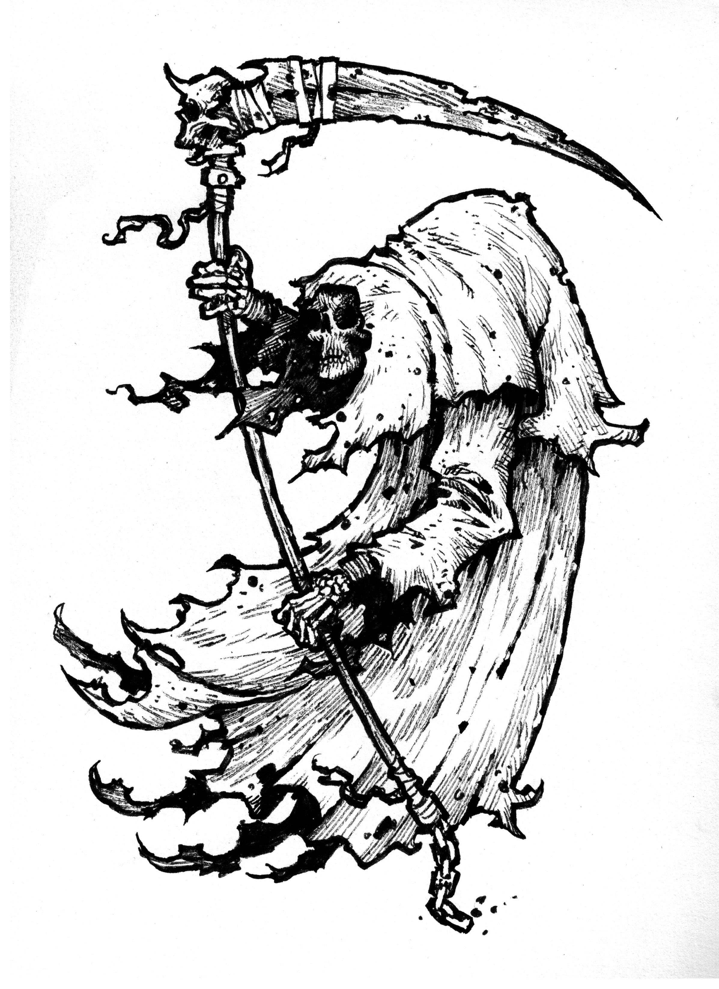 A black and white illustration of a grim reaper figure with a skull face, wearing tattered robes, holding a scythe with a skull on top, and surrounded by smoke or mist.