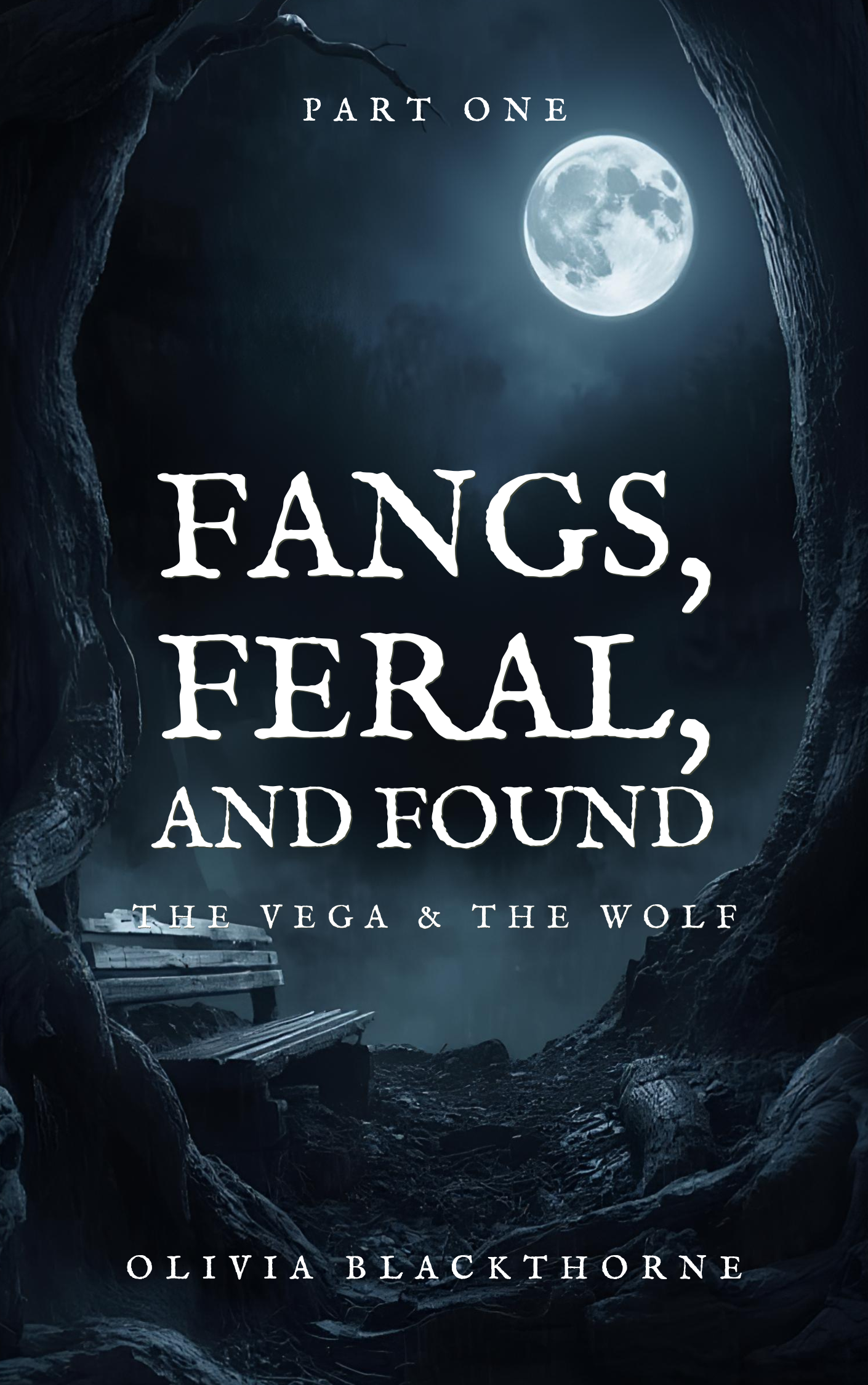 Book cover titled "Fangs, Feral, and Found" by Olivia Blackthorne. The background depicts a dark, moonlit night with a large full moon, a cloudy sky, and tree branches. A bench is visible at the bottom left, near a rocky terrain.