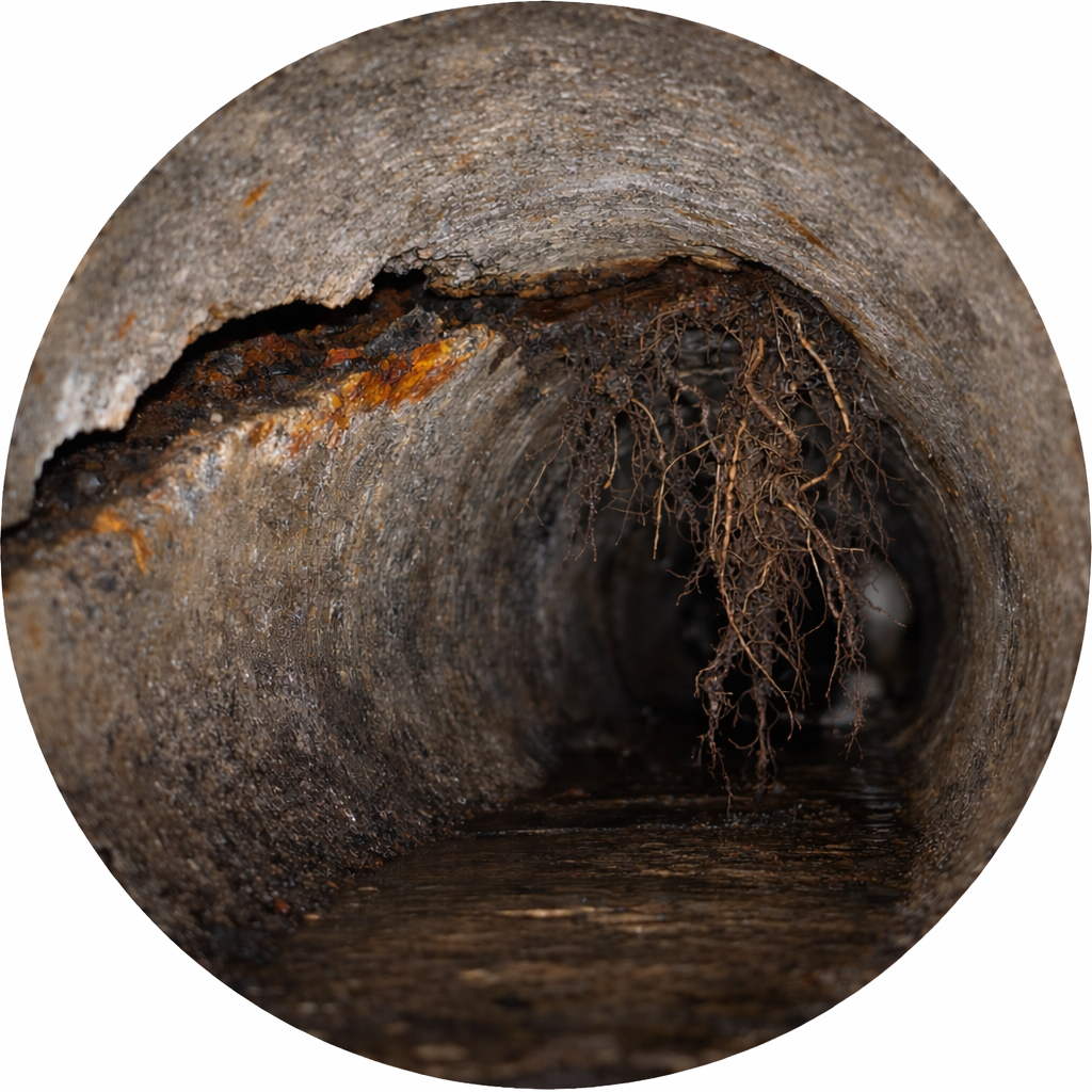 Looking out through a dark tunnel with water on the bottom, towards bright white light at the opening.