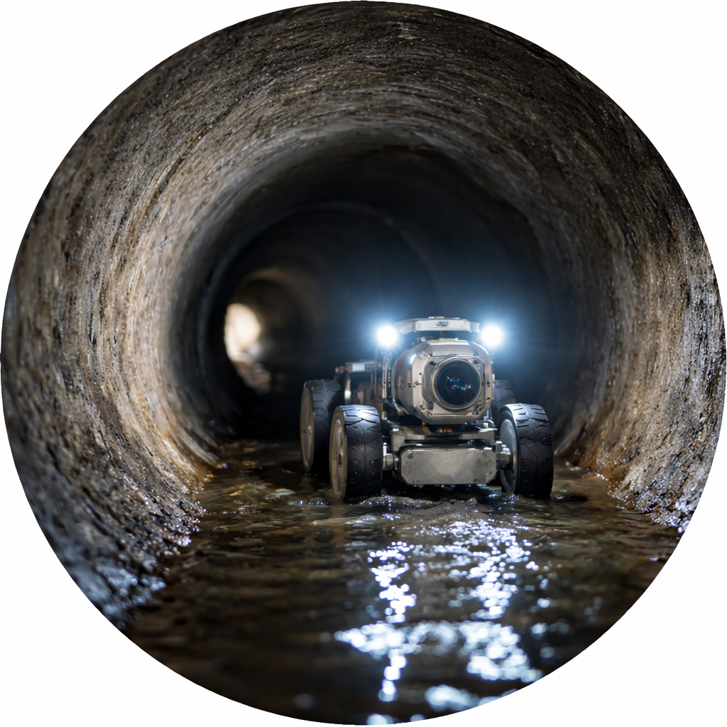 View from inside a metal pipe, looking out at trees and foggy forest, with water and debris flowing through the pipe.