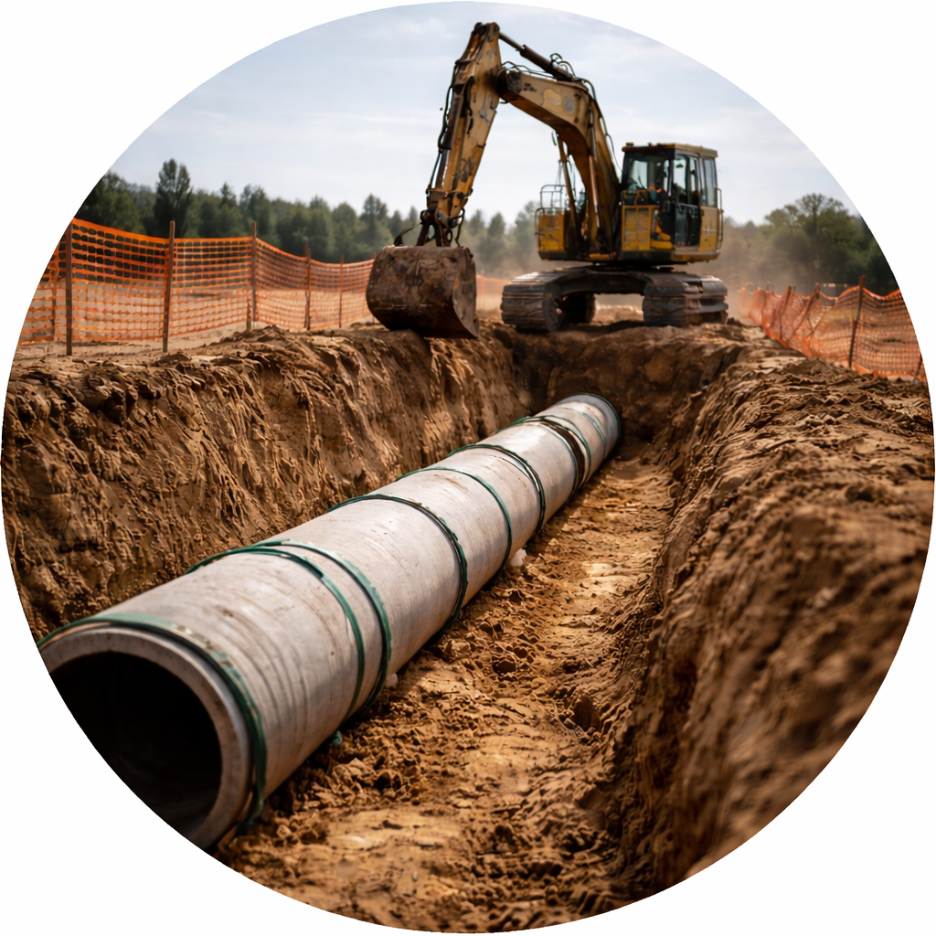 Construction site with a large yellow excavator and a smaller compactor, with concrete pipes and a partly cloudy sky.