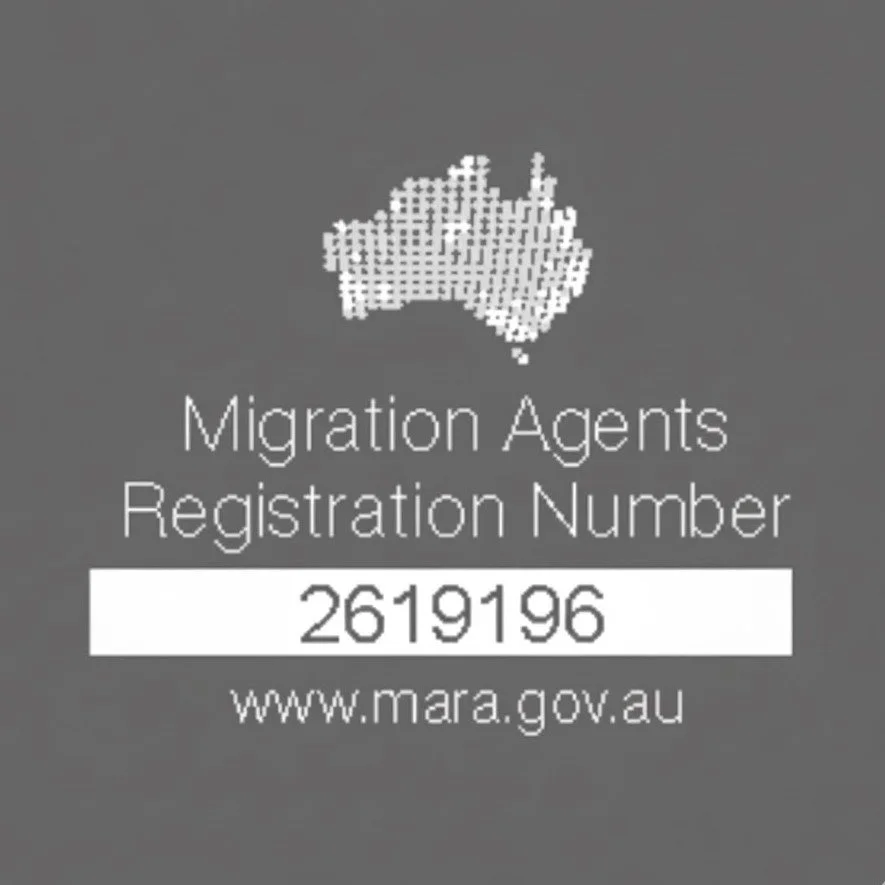 A digital registration card for migration agents with registration number 2619196, featuring a pixelated map of Australia, the website www.mara.gov.au, and gray background.