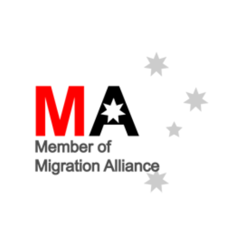 Logo of the Member of Migration Alliance with a large red letter M and a black letter A containing a white star, accompanied by grey star graphics.