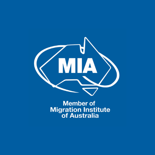 Logo with the outline of Australia and the letters MIA, representing the Migration Institute of Australia, on a blue background.