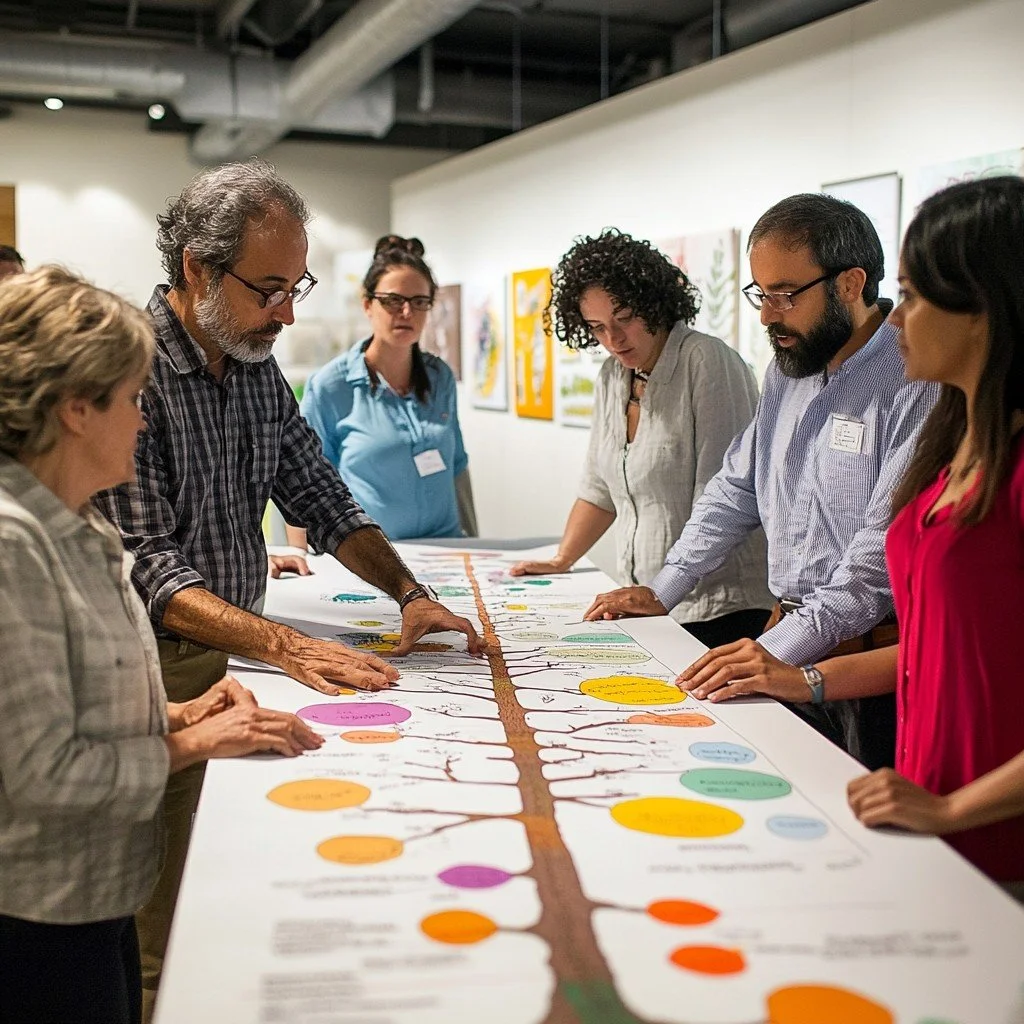 Group of people gathered around a large infographic or chart laid out on a table, discussing or analyzing it, in an indoor setting.