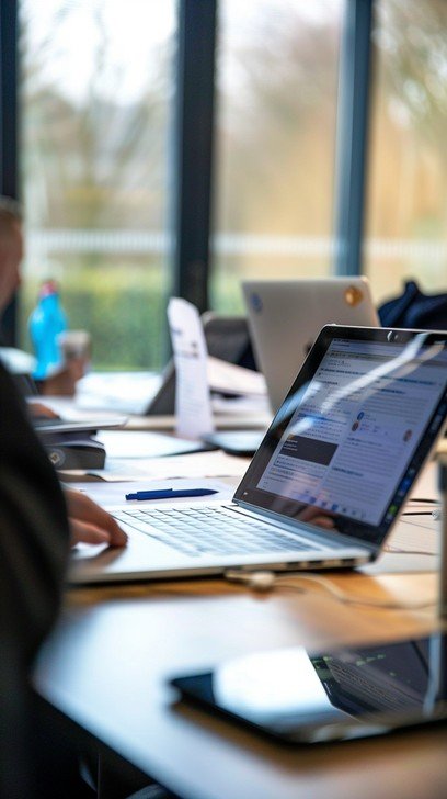 Close-up of a person typing on a laptop at a desk in an office with large windows.