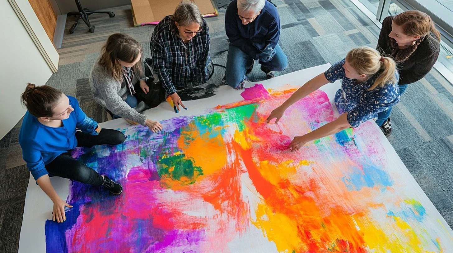 Group of six people, including three women, a girl, an elderly man, and a teenage girl, gathered around a large canvas painting on a table, creating an abstract, colorful artwork with bright colors like pink, orange, green, and purple in a well-lit room with large windows.