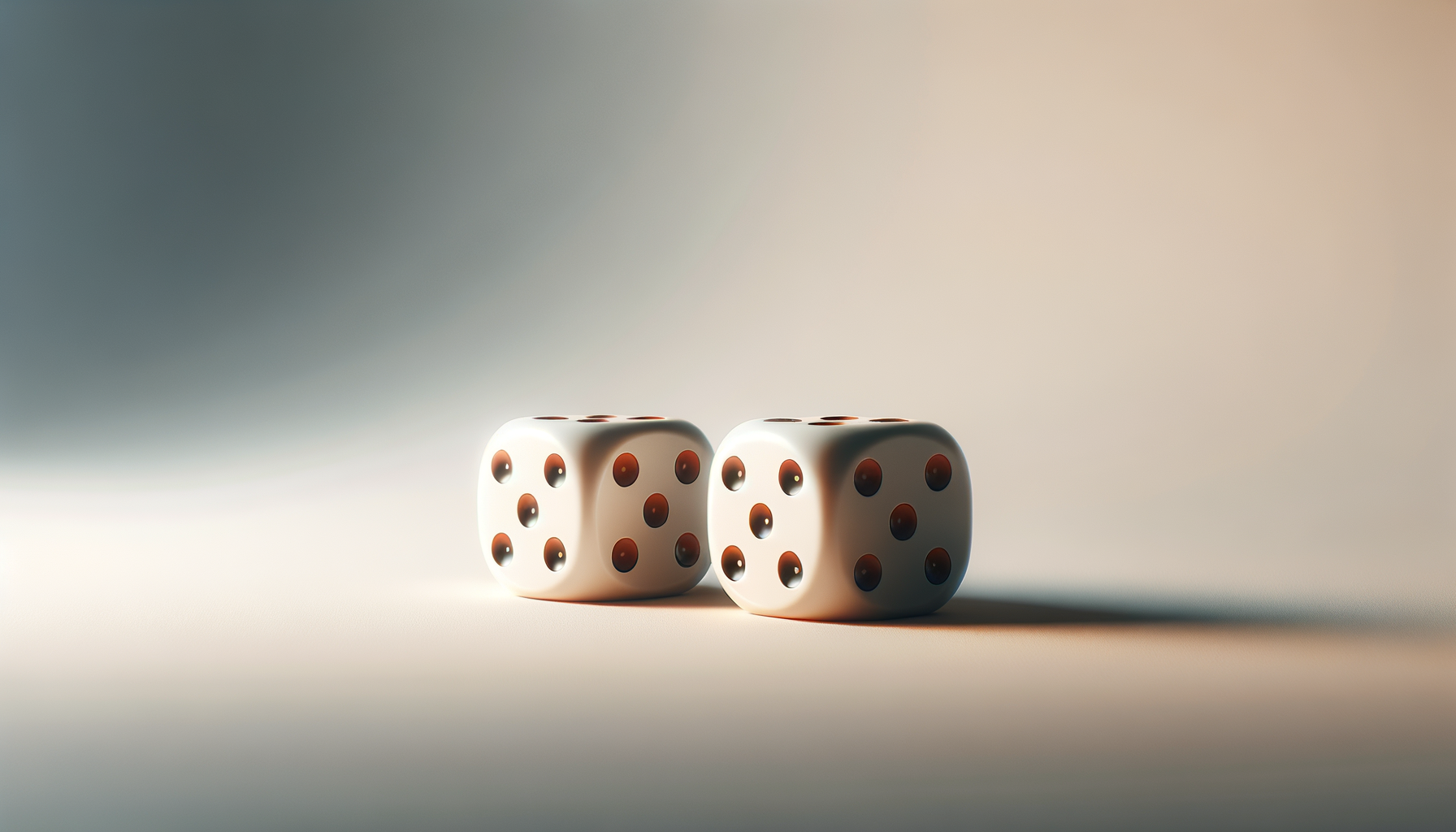 Two white dice with red dots on each face are placed on a smooth surface, with a soft gradient light background.