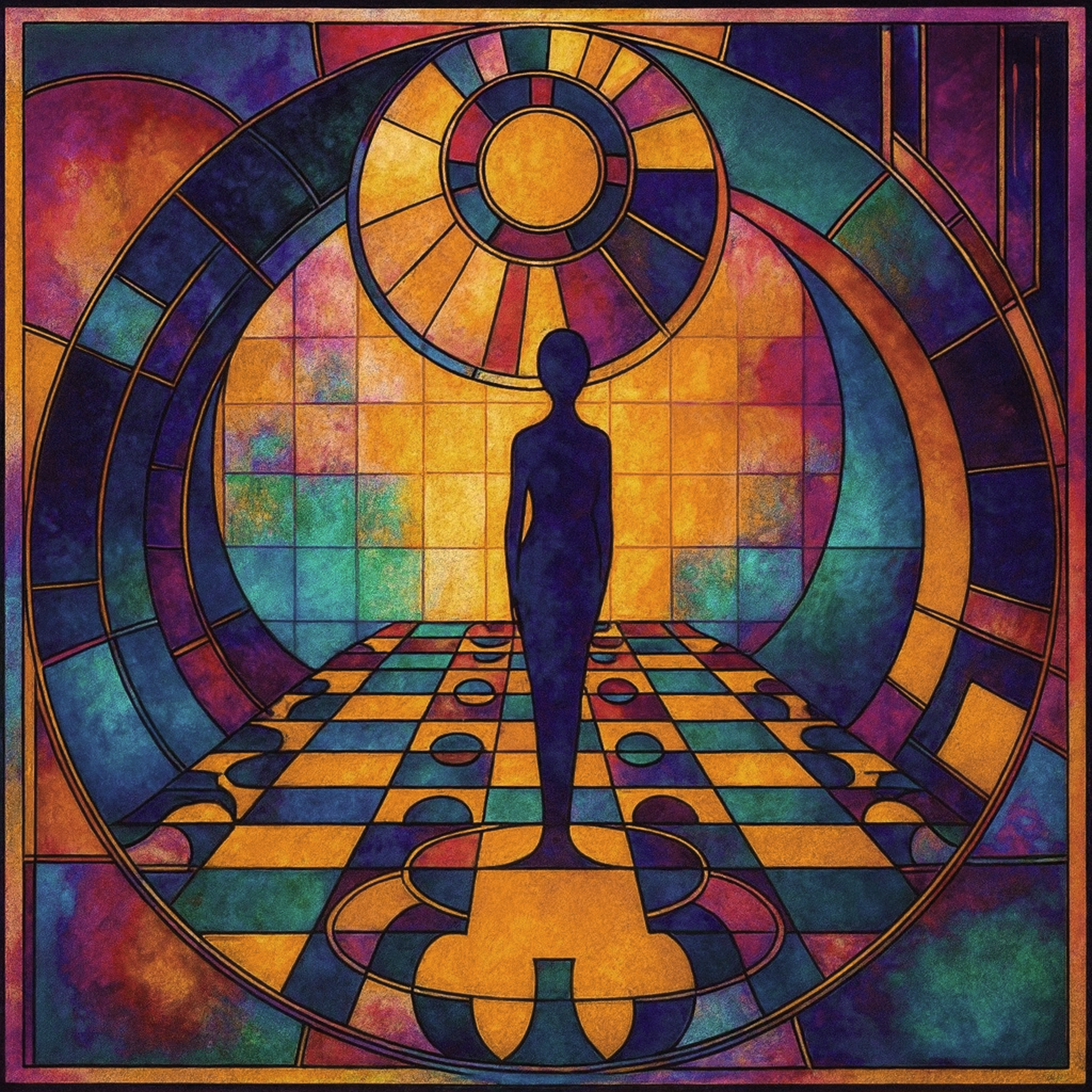 Abstract colorful artwork featuring a silhouette of a person standing on a checkered floor with a circular window and geometric shapes in the background.