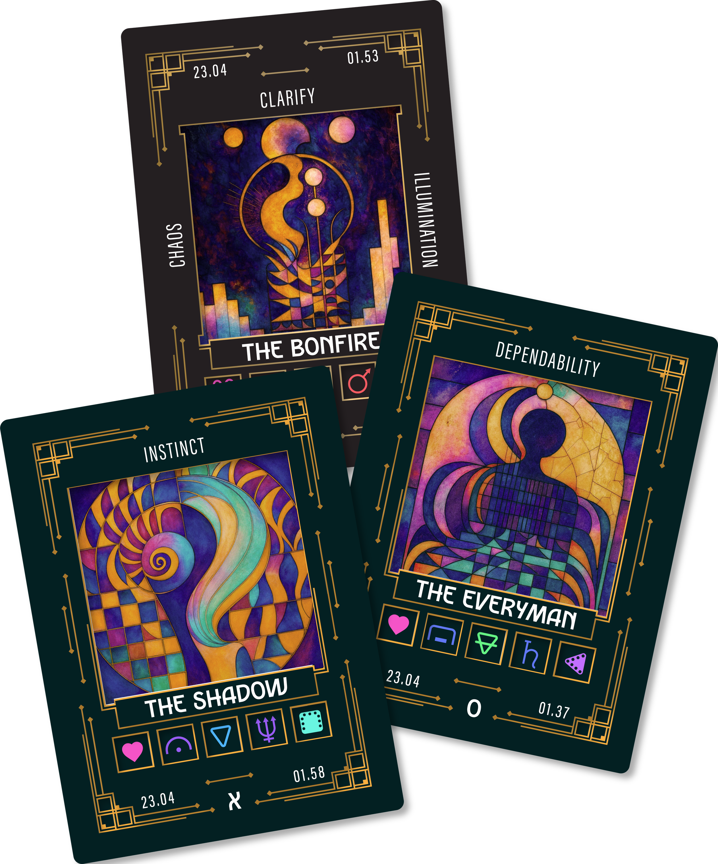 Three illustrated tarot-style cards with abstract artwork and symbols, titled 'The Bonfire,' 'The Shadow,' and 'The Everyman,' featuring vibrant colors and geometric designs.