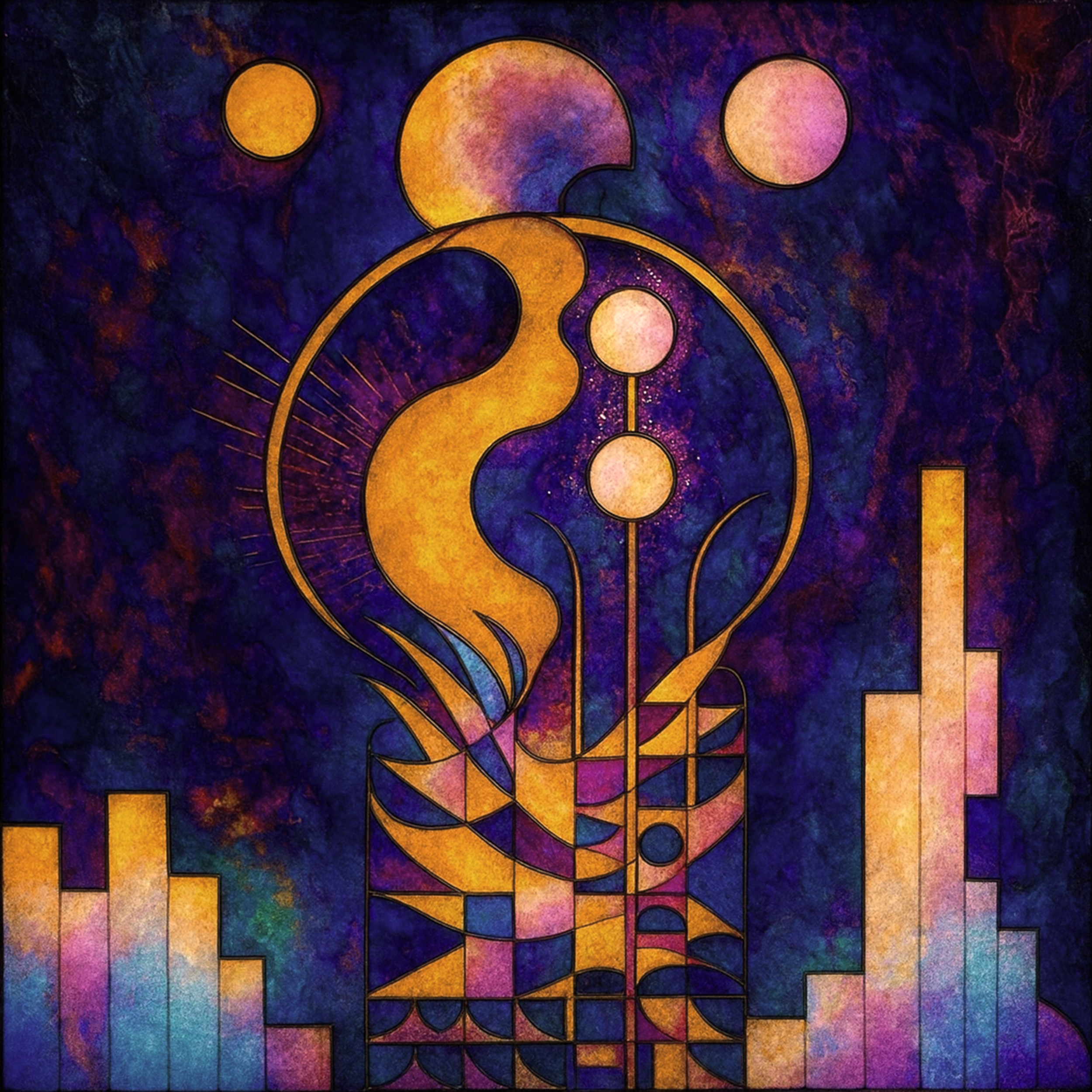 Abstract black-and-white geometric artwork symbolizing "The Bridge" as a Jungian archetype. The design features circles, grids, flowing lines, and layered structures, evoking balance, connection, and transition.