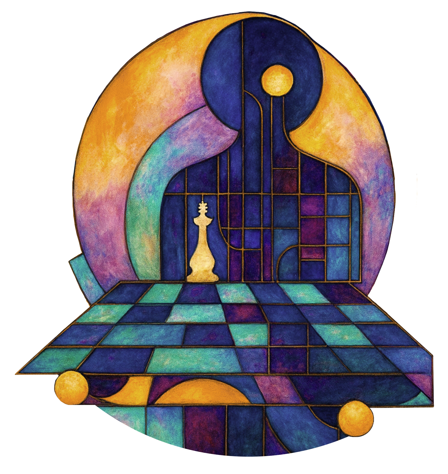 Abstract geometric art featuring a chess piece, a checkerboard floor, and circular shapes with vibrant rainbow colors and dark outlines.