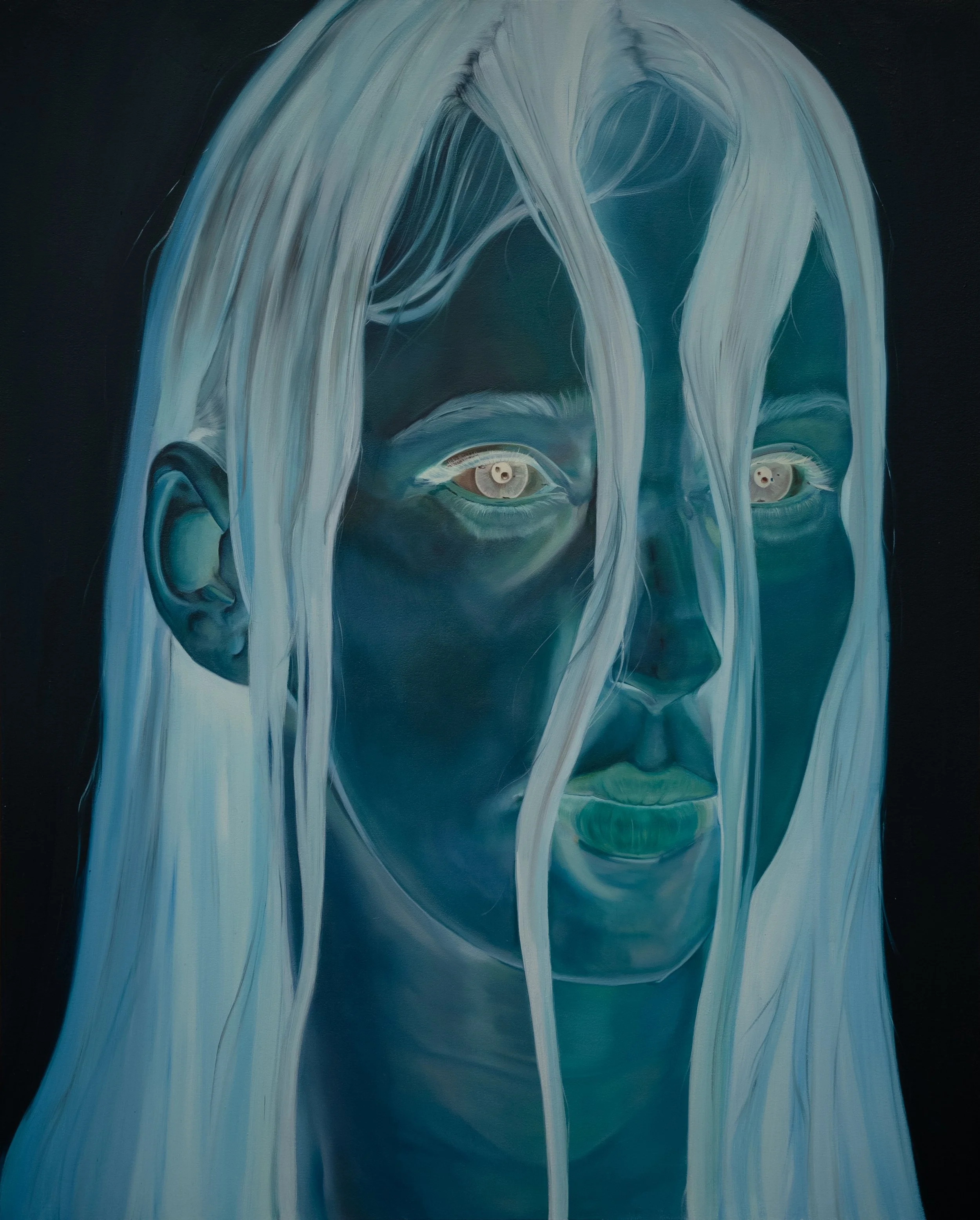 A surreal painting of a woman's face with long flowing hair that blends into the background, with eyes that have small skulls in their pupils.