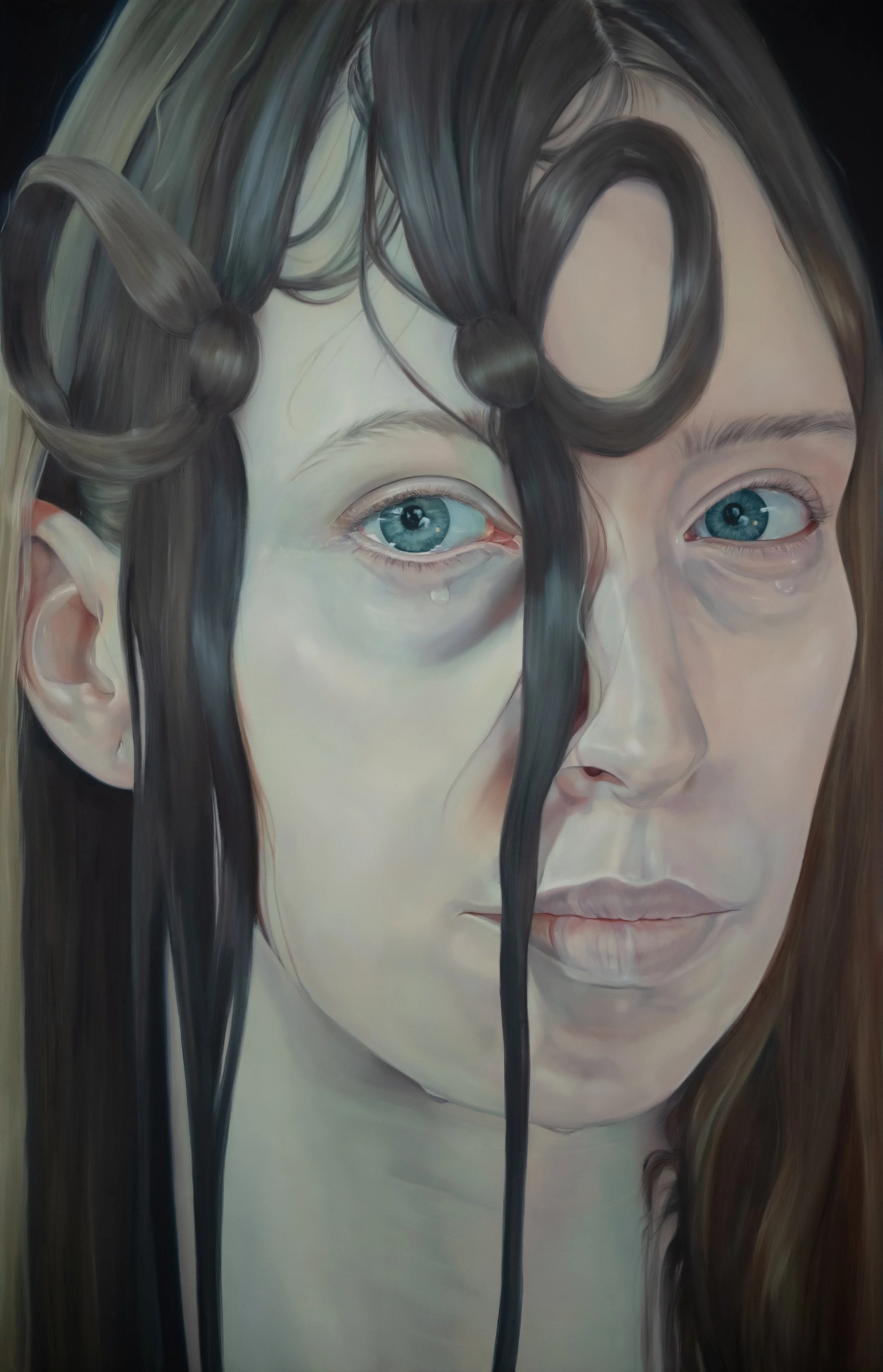 Close-up of a realistic painting of a woman with blue eyes and long dark hair, with some strands falling across her face and a tear in the corner of her eye.