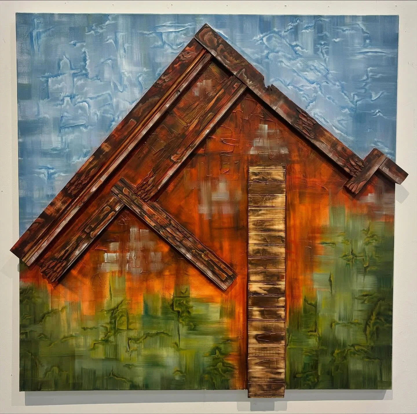 abstract landscape painting of a house! 𖠿 this is a depiction of the first house i remember living in and the last house my parents shared together. my parents got a divorce when i was extremely young, and even though this is a sad subject for most,