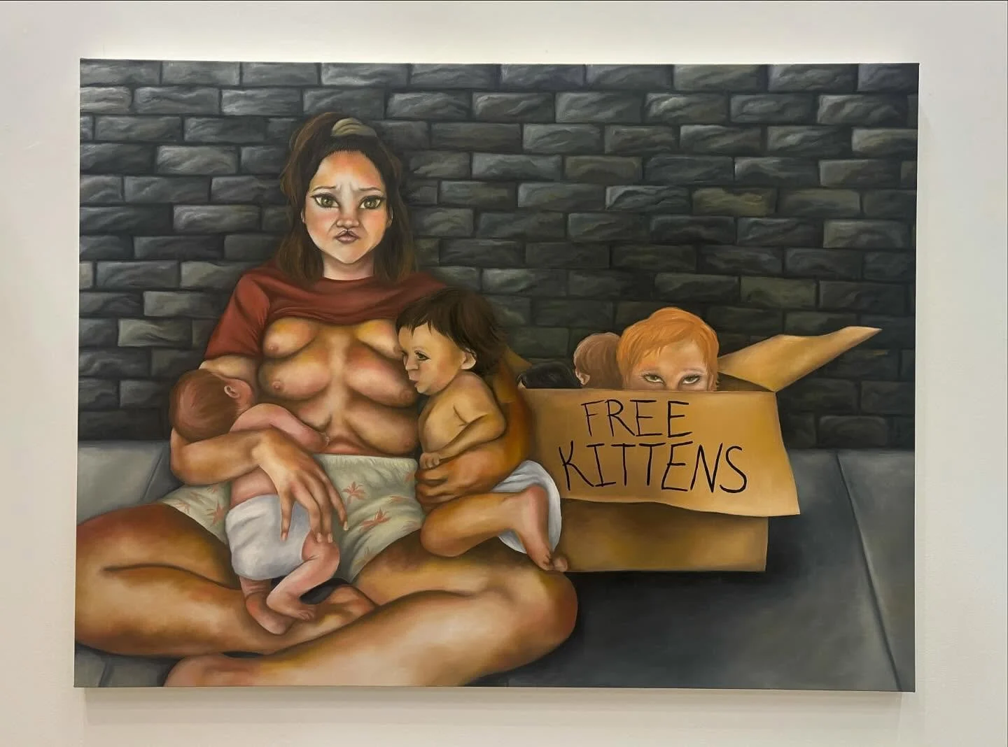back to painting!! this is a narrative oil painting about the universality of motherly instincts- in both animals and humans. i am using a cat as a hybridization tool in this piece: just like humans, cat mothers intuitively know how to take care of t