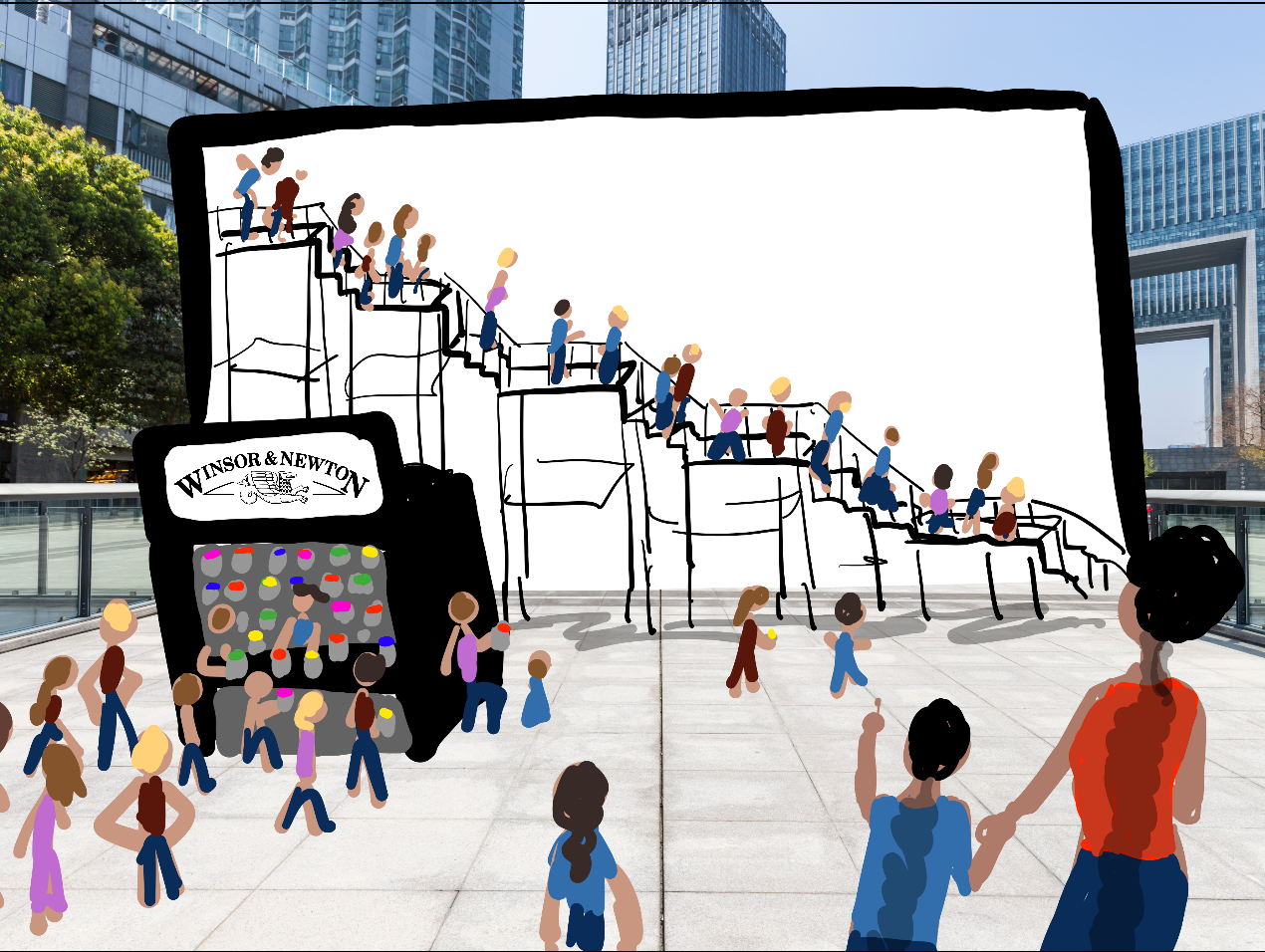 In cities around the world, Winsor & Newton will set up paint-by-number murals that anyone can participate in. The right picture is what one of these murals would look like finished.