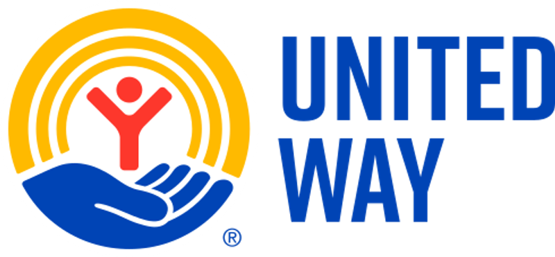 United Way logo with a hand holding a figure with arms raised, surrounded by three orange arching lines.