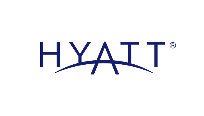 Hyatt logo in blue font with an arc underneath the text.