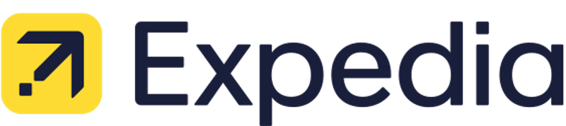 Expedia logo with yellow square and navy arrow symbol, and navy text spelling 'Expedia'