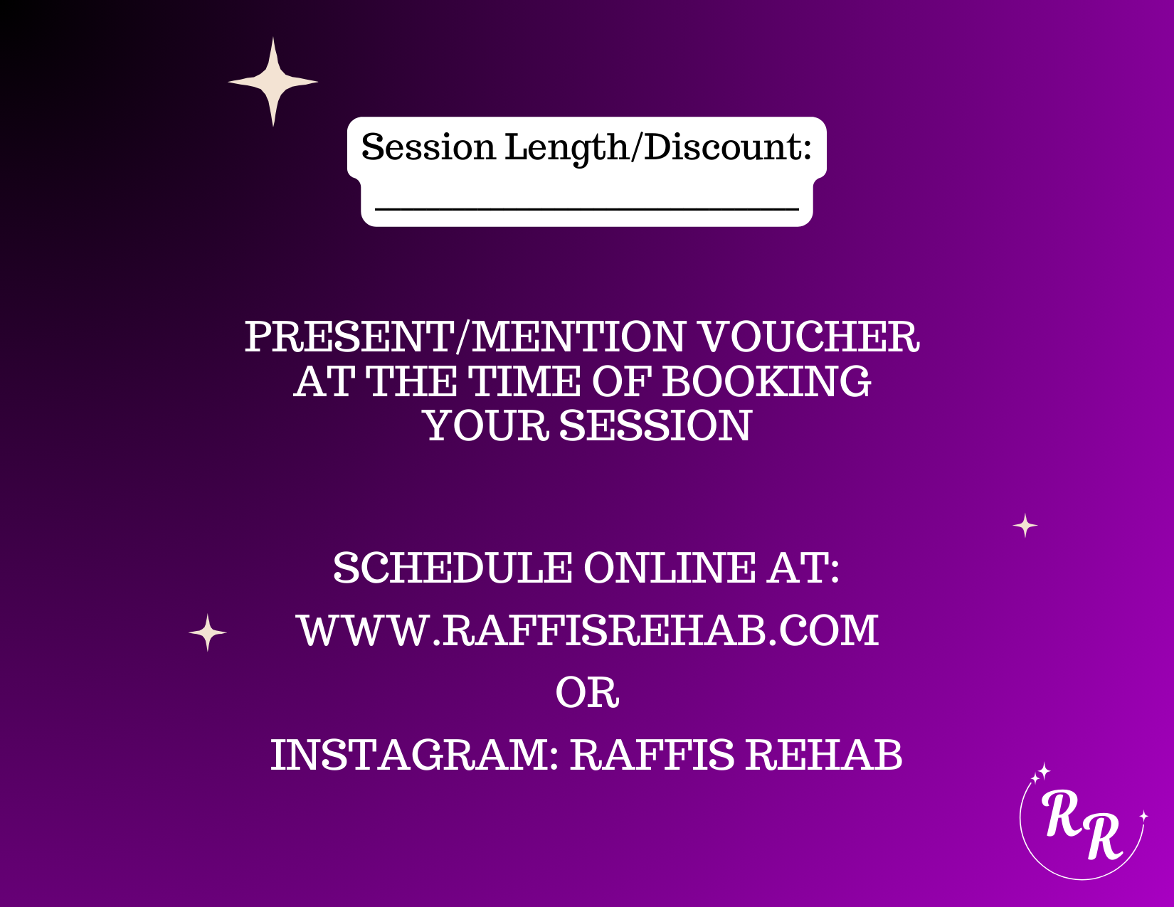 A purple background featuring white stars and text promoting online booking for R size Rehab, including a space to write session length or discount, and instructions to schedule on their website or Instagram.