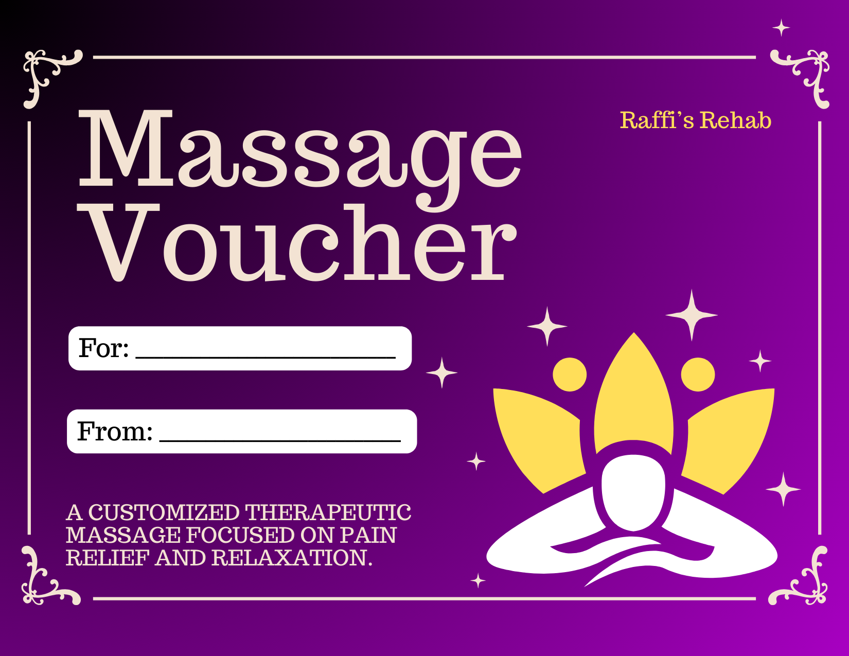 A purple massage voucher with white and yellow decorative elements, featuring a lotus flower design and white text that reads "Massage Voucher" and "Raffi's Rehab". It has spaces for "For" and "From" names and a description of therapeutic massage for pain relief and relaxation.