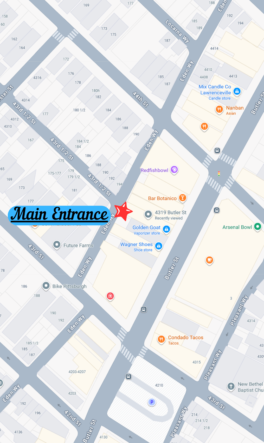 Map showing the main entrance marked with a red star and a blue label, located at the intersection of Eden W and 43rd St, near several businesses including a candle store, Asian restaurant, vaporizer store, shoe store, Tacos restaurant, and a church.