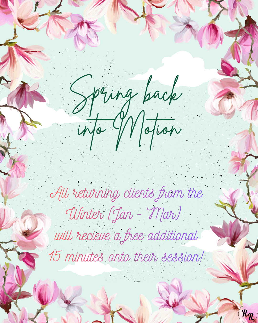 A spring-themed promotional poster with a background of pink and white magnolia flowers and light green skies with clouds. The text promotes a special offer for returning clients from winter to spring, offering a free 15-minute session extension.
