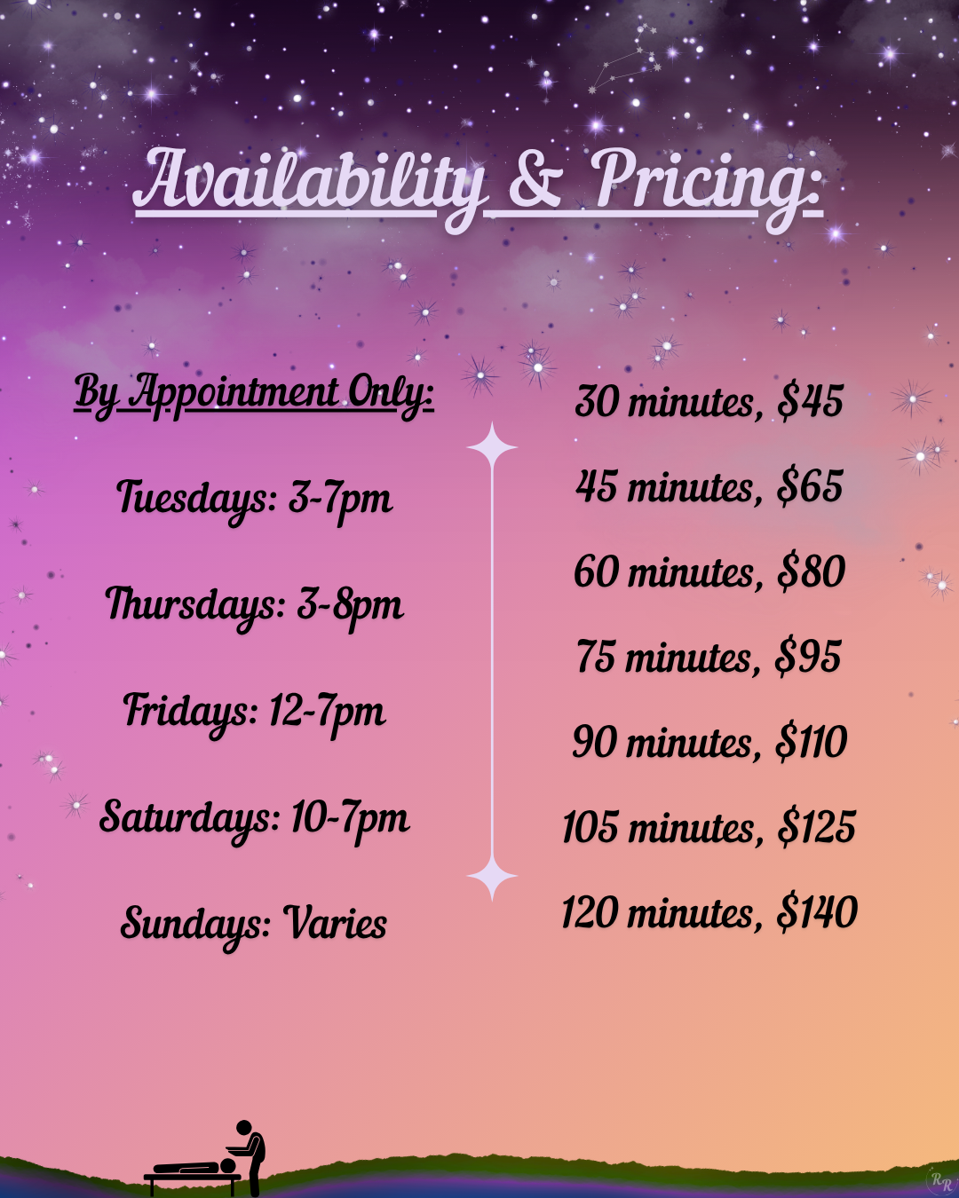 A colorful gradient sky with stars and constellations. Overlaid text displays availability and pricing for services by appointment only, with specific days and times, and prices based on duration from 30 minutes to 120 minutes. There is a silhouette of a massage therapist and client at the bottom left corner.