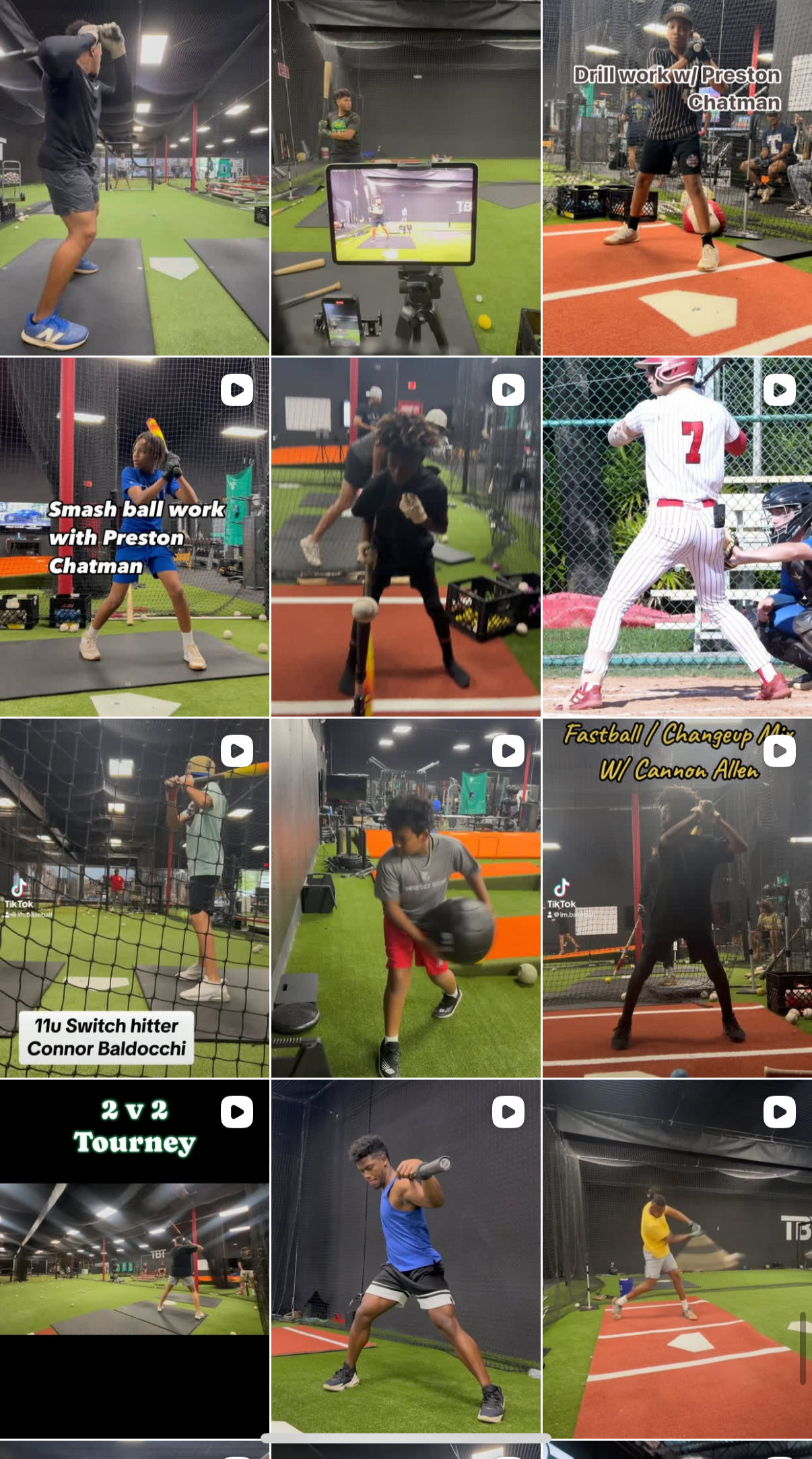 Indoor sports training facility with multiple athletes practicing baseball, softball, and baseball-related activities such as swing drills, pitch work, and batting practice.