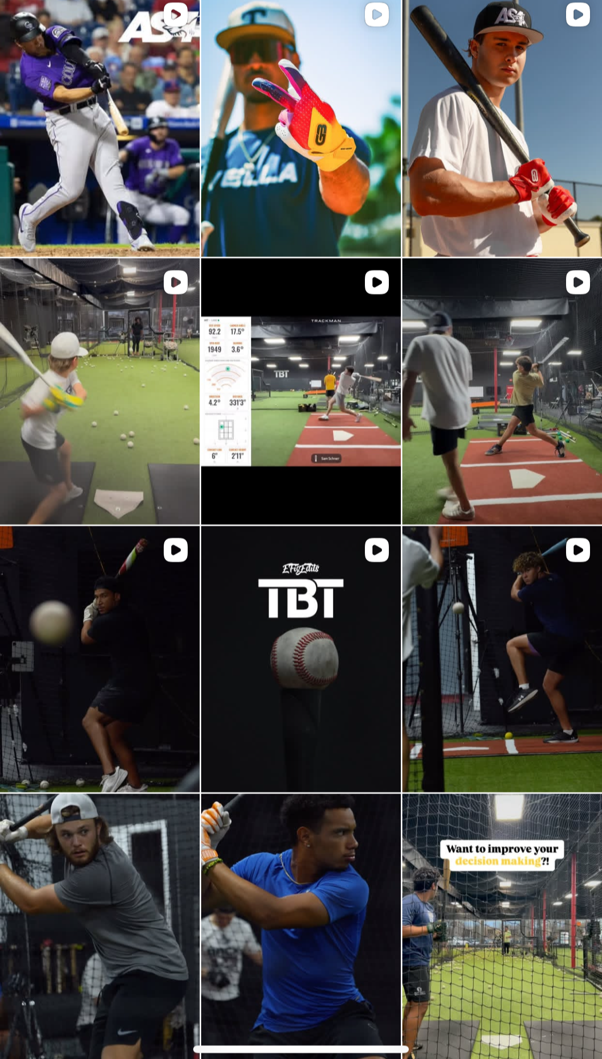 Collage of people engaging in various sports activities, including baseball, golf, baseball training, indoor batting cages, sprinting, baseball pitching, softball hitting, and practicing on a tennis or baseball net, inside sports facilities and outdoor fields.