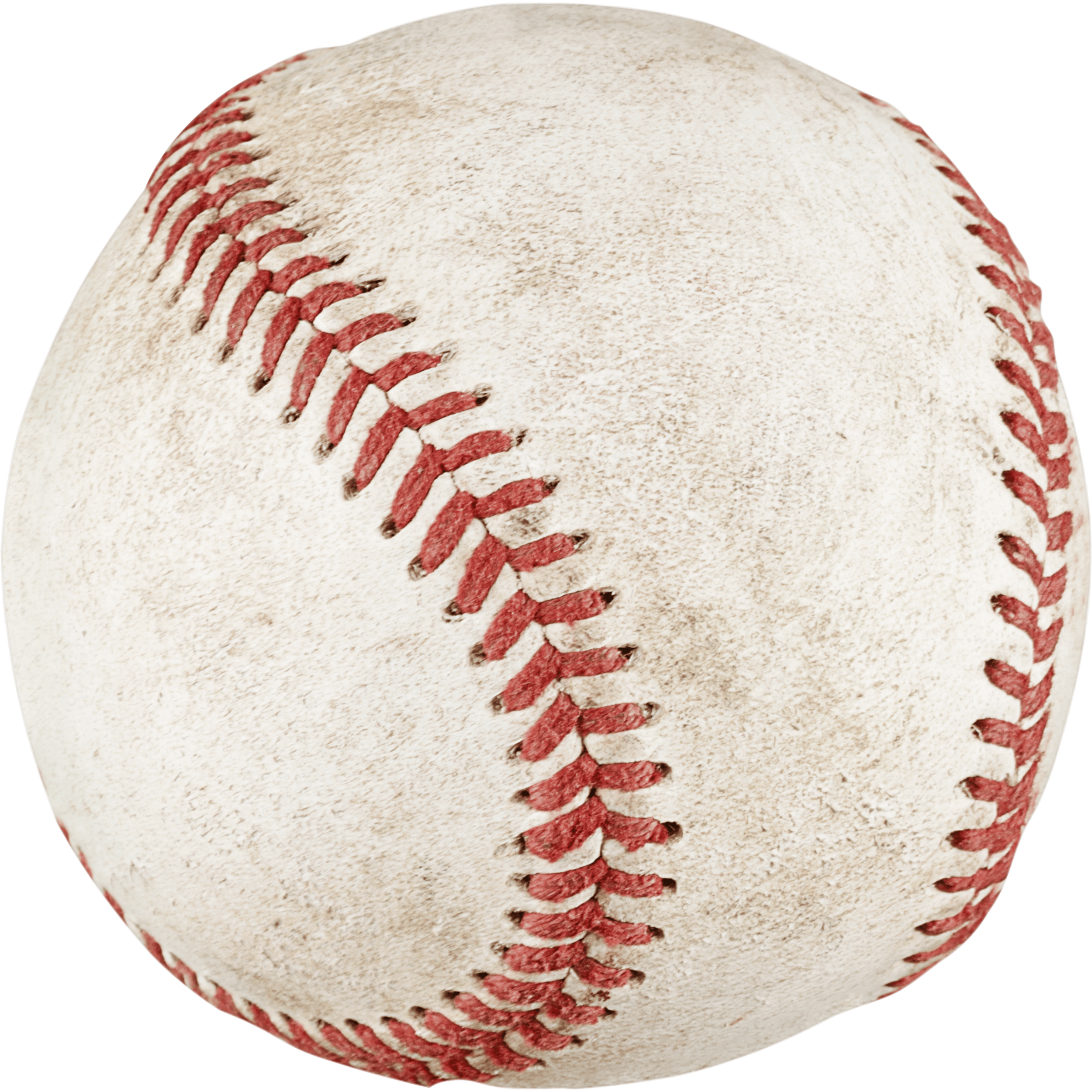Close-up of a worn, white baseball with red stitching.