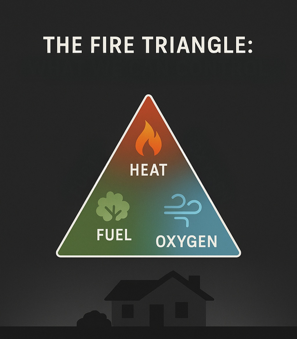 A diagram of the fire triangle showing three elements: heat at the top in red, fuel on the lower left in green, and oxygen on the lower right in blue, with a house silhouette at the bottom.
